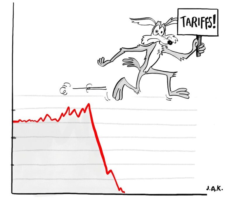 Cartoon showing coyote dropping off of a tariff cliff.